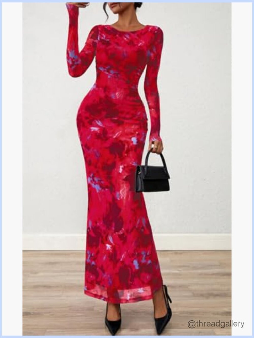 Long Sleeve Floral Maxi Dress Ruched Bodycon Crewneck Wedding Guest - Picture 2 of 7